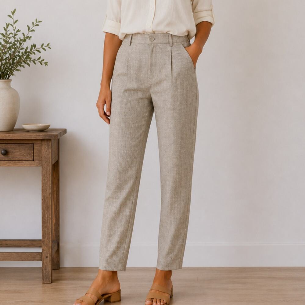 Talbots 100% Irish Linen Pants Women's Size 10 NWOT Tan Plaid Office Coastal